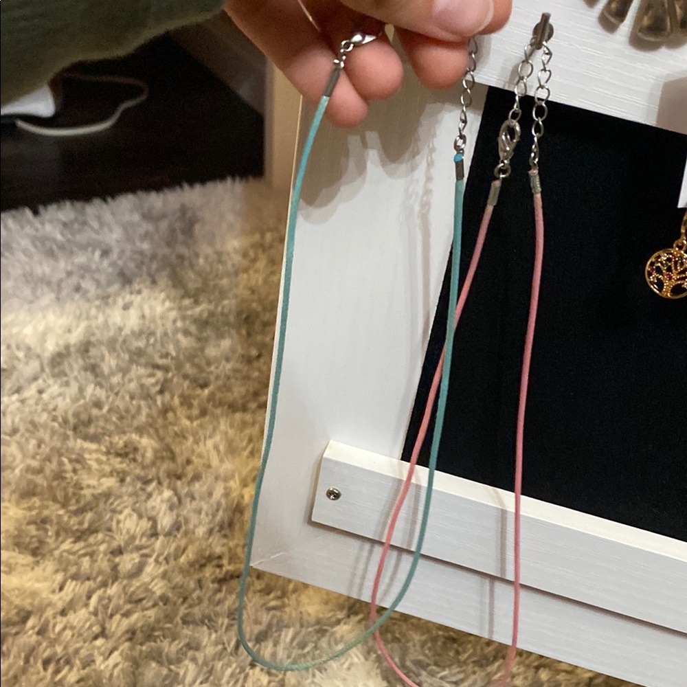 blue and pink cord necklaces